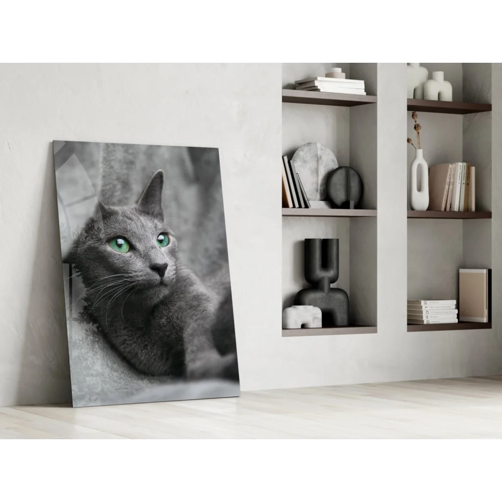 Gray cat with green eyes in mesmerizing glass wall art portrait