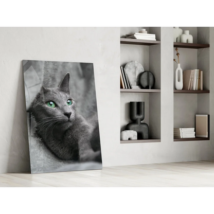 Gray cat with green eyes in mesmerizing glass wall art portrait