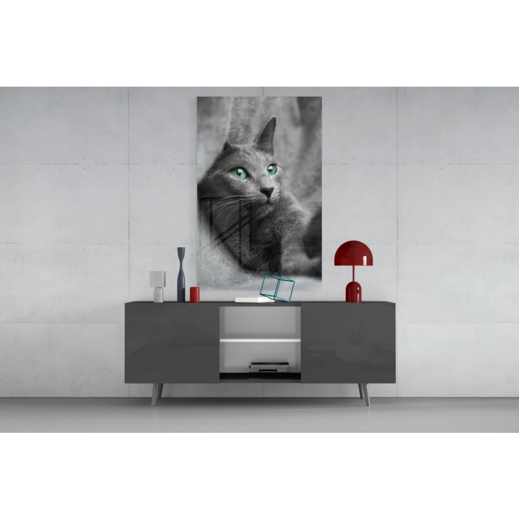 Striking gray cat with green eyes glass wall art portrait