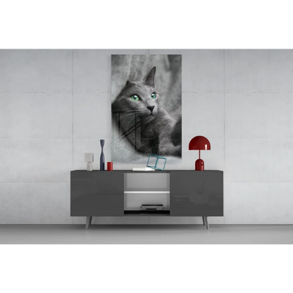Striking gray cat with green eyes glass wall art portrait