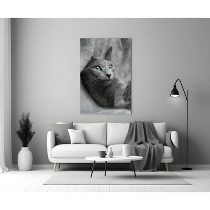 Framed gray cat portrait with green eyes in glass wall art