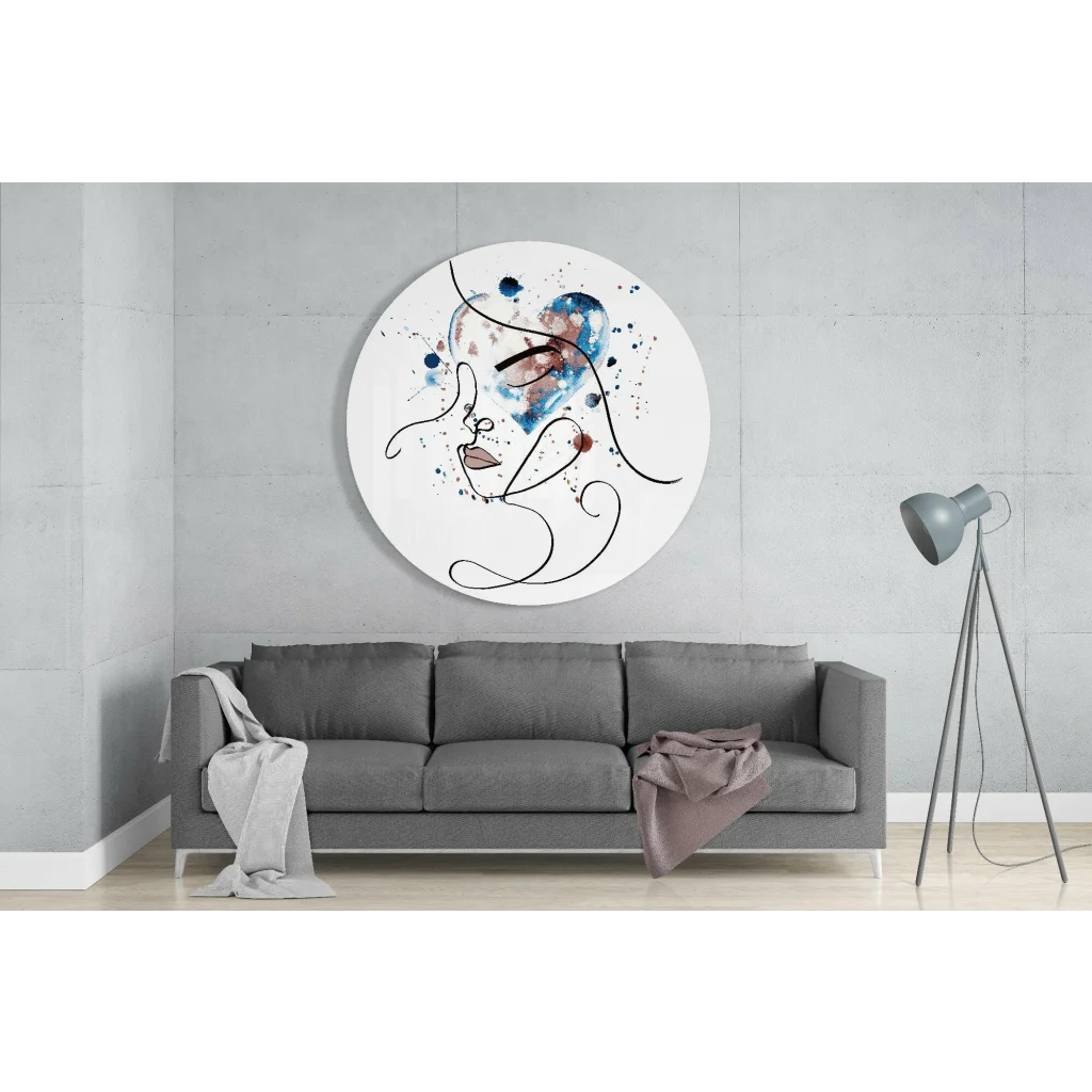 Mesmerizing Heart Face tempered glass art with blue, red, brown watercolor splashes