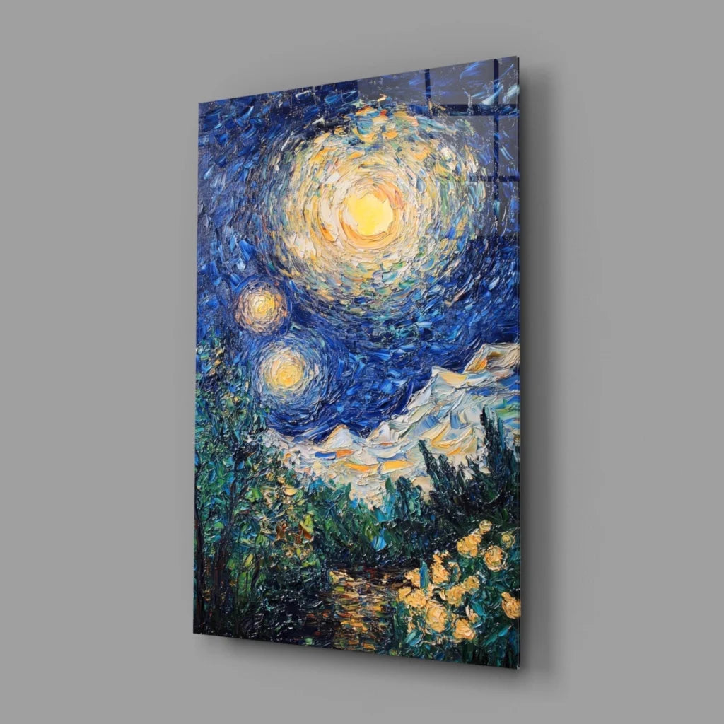 Starry Night canvas wall art with swirling blue stars and moon