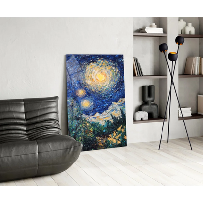 Starry Night canvas wall art with swirling blue stars