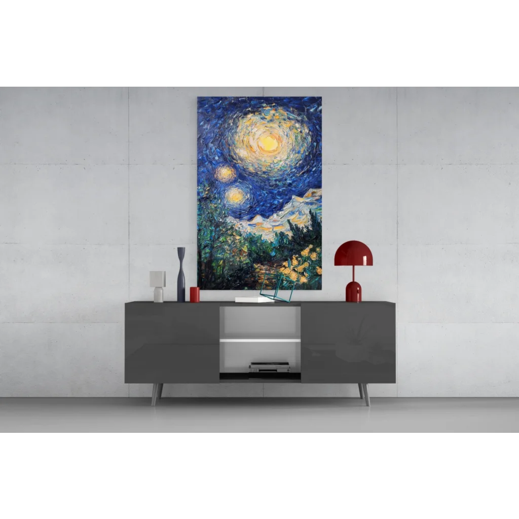 Modern gray sideboard under starry night wall art