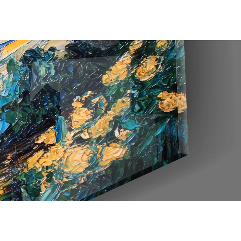 Acrylic yellow roses on swirling blue starry night glass wall art