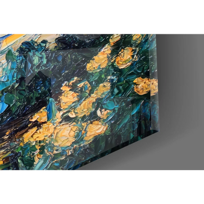 Acrylic yellow roses on swirling blue starry night glass wall art