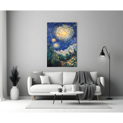 Starry Night canvas wall art with swirling blue stars