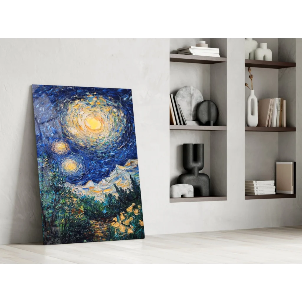 Starry Night canvas wall art with swirling blue stars