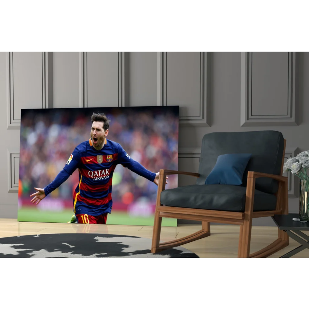 Vibrant Messi Barcelona jersey on 4K QLED TV glass wall art