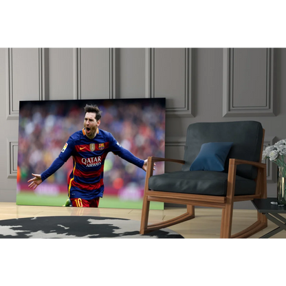 Vibrant Messi Barcelona jersey on 4K QLED TV glass wall art