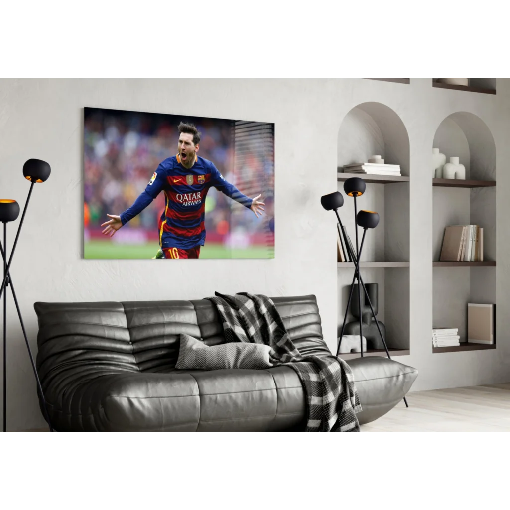 Messi Barcelona jersey canvas wall art with black leather sofa and plaid throw