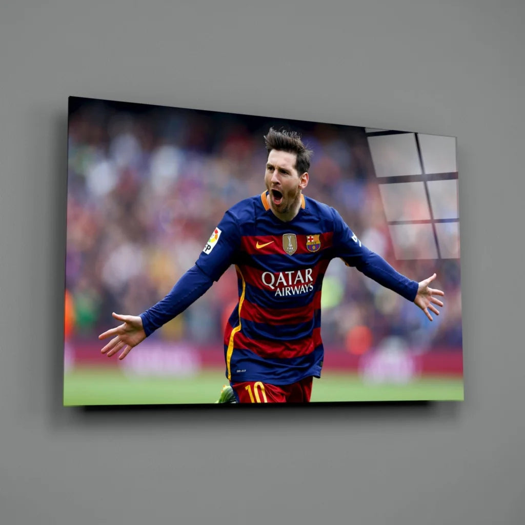 Messi Barcelona Jersey Canvas Wall Art Print with Qatar Airways and Nike logos