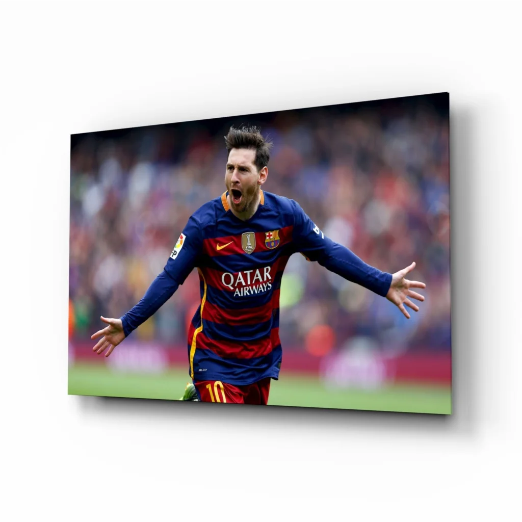 Messi Barcelona Jersey Canvas Wall Art Print with Qatar Airways logo