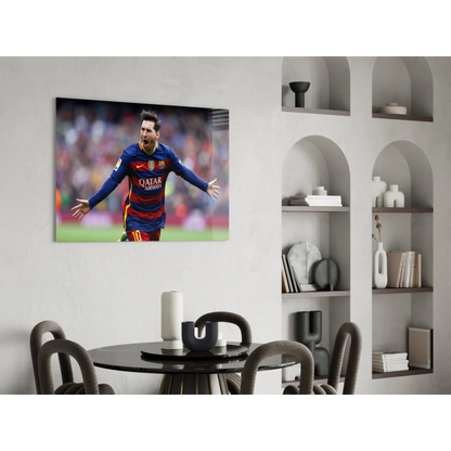 Lionel Messi poster on black wall, Barcelona jersey glass wall art
