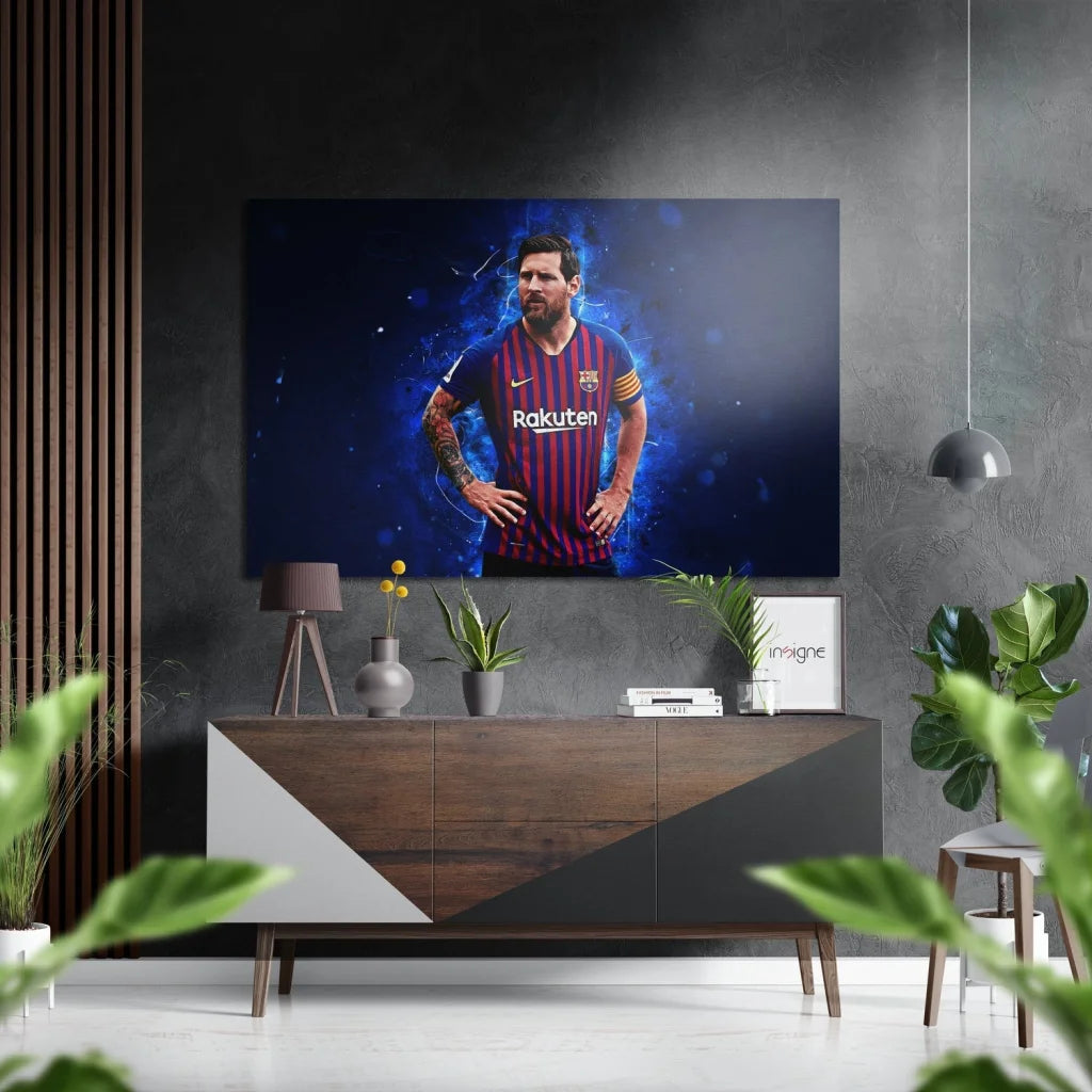 Vibrant Lionel Messi in Barcelona jersey on brushed aluminium dibond art