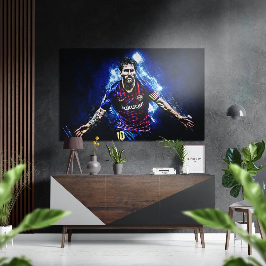 Vibrant Messi Barcelona jersey on brushed aluminium dibond art