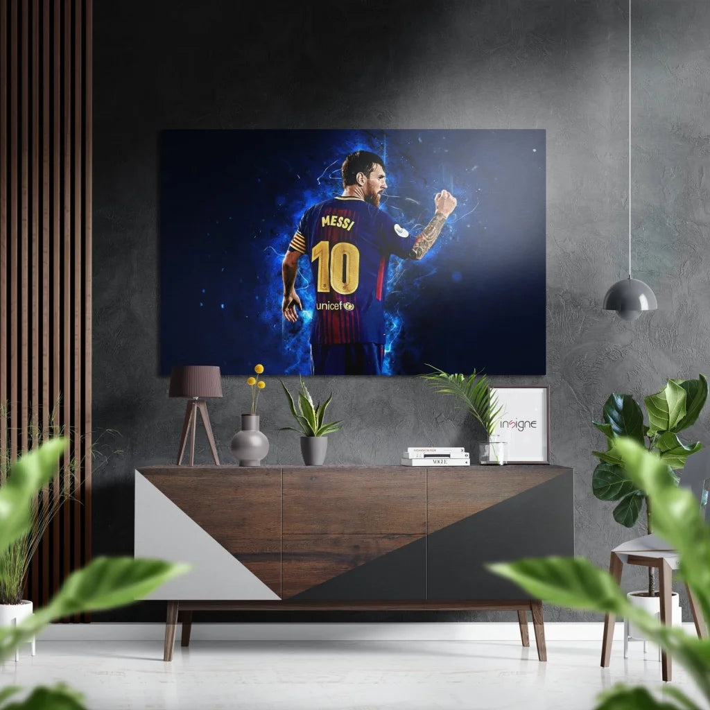 Vibrant Messi in number 10 jersey on brushed aluminium dibond wall art