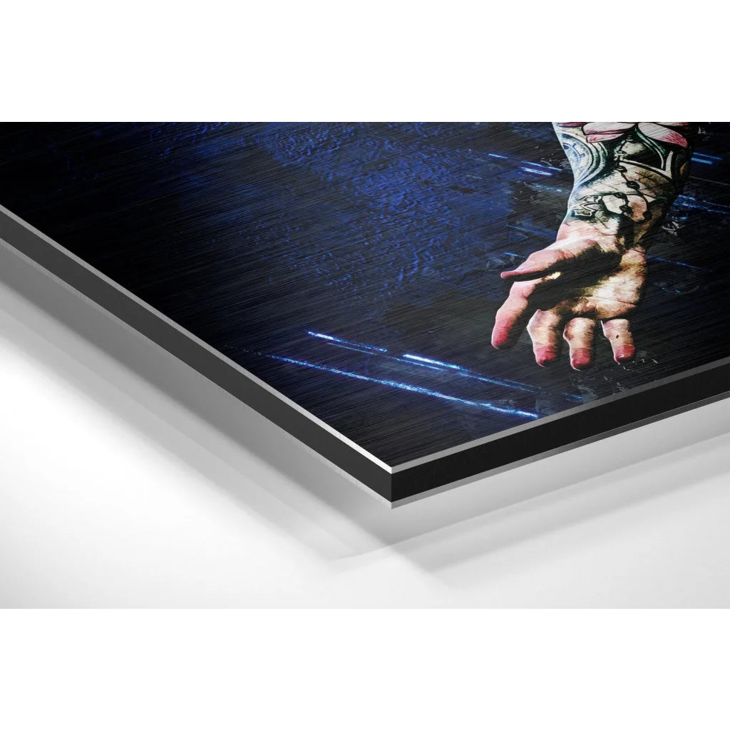 Glass Wall Art Tattooed hand over dark water with blue glow on brushed aluminium dibond print