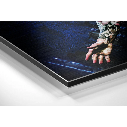 Tattooed hand over dark water with blue glow on brushed aluminium dibond print