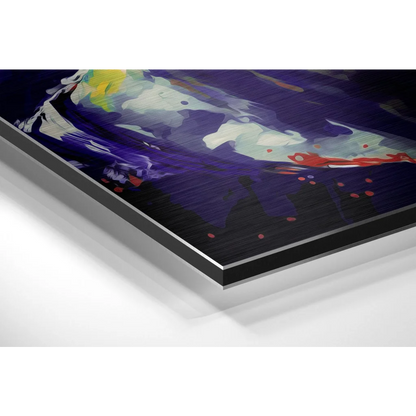 Stunning abstract art on brushed aluminium dibond with swirling purples and blues