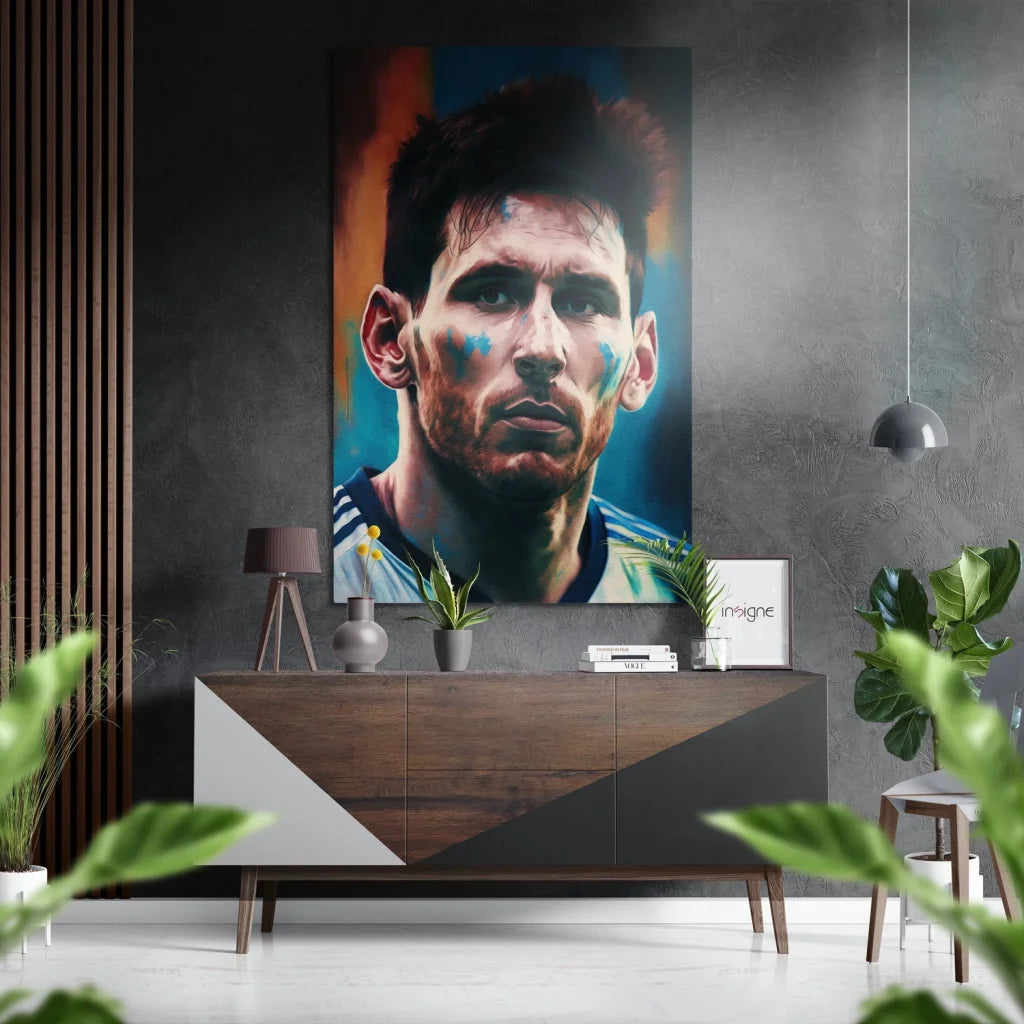 Vibrant Messi portrait on brushed aluminium dibond with paint splashes