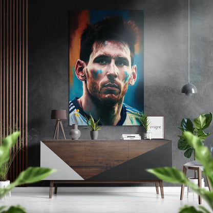 Vibrant Messi portrait on brushed aluminium dibond with paint splashes