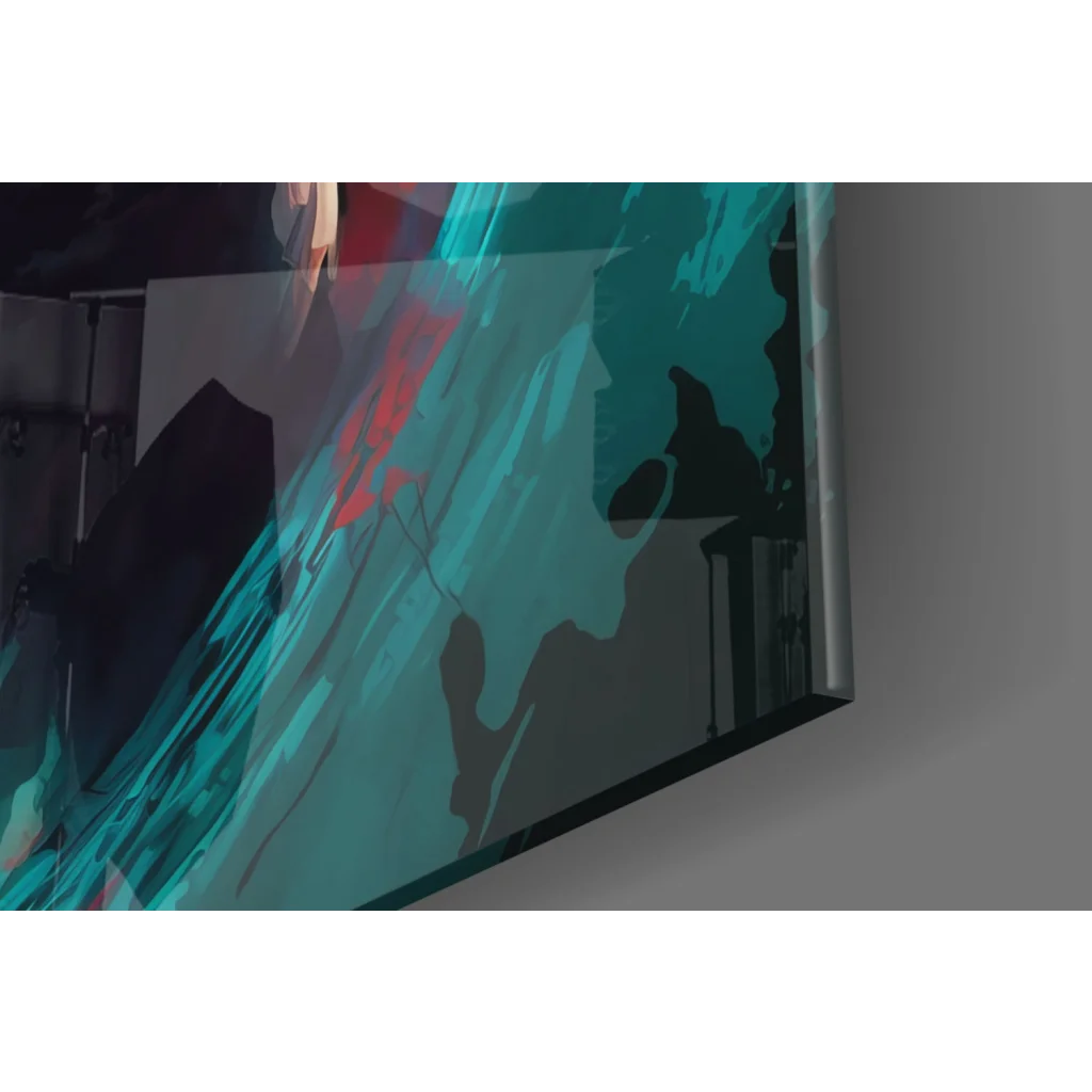 Sleek teal red abstract glass wall art panel with vibrant brushstrokes