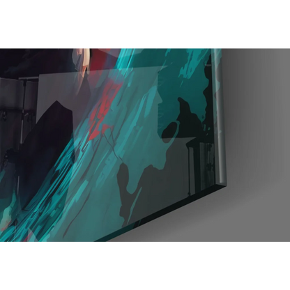 Sleek teal red abstract glass wall art panel with vibrant brushstrokes