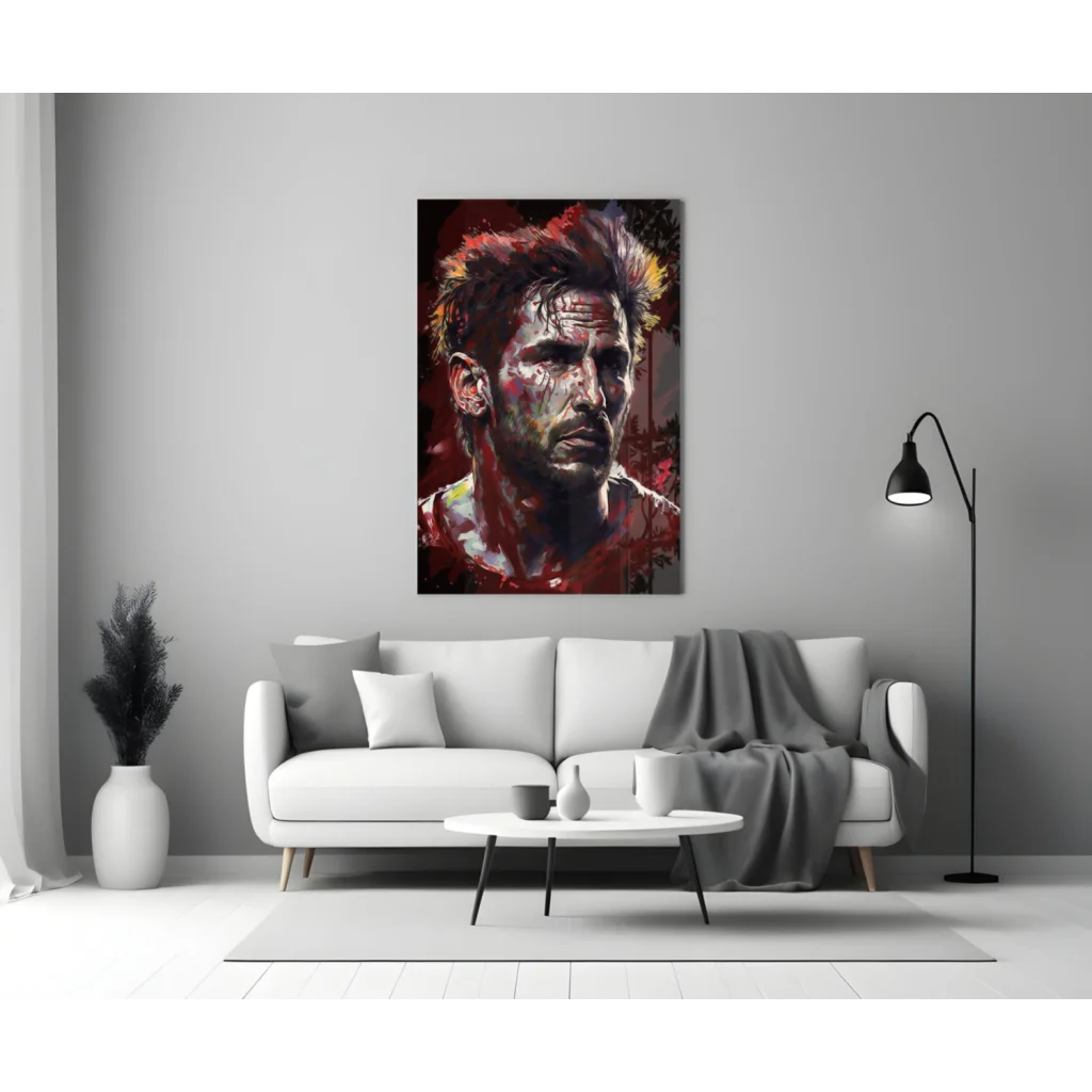 Vibrant red and black abstract portrait on glass wall art