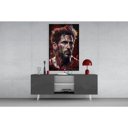 Bold red and black abstract male portrait glass wall art with textured brushstrokes