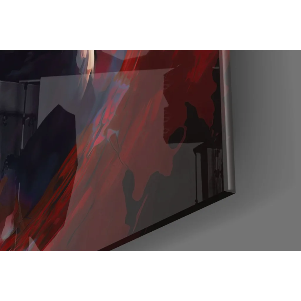 Sleek TV displaying bold red and black abstract portrait glass wall art