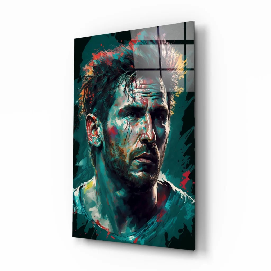 Vibrant teal red abstract portrait of rugged man on glass wall art panel