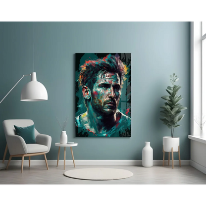 Vibrant teal red abstract portrait on glass wall art panel