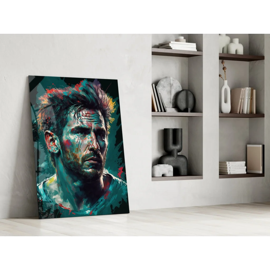 Vibrant teal red abstract portrait man on glass wall art panel