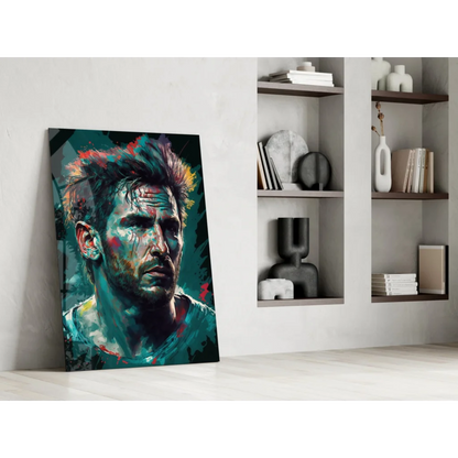 Vibrant teal red abstract portrait man on glass wall art panel