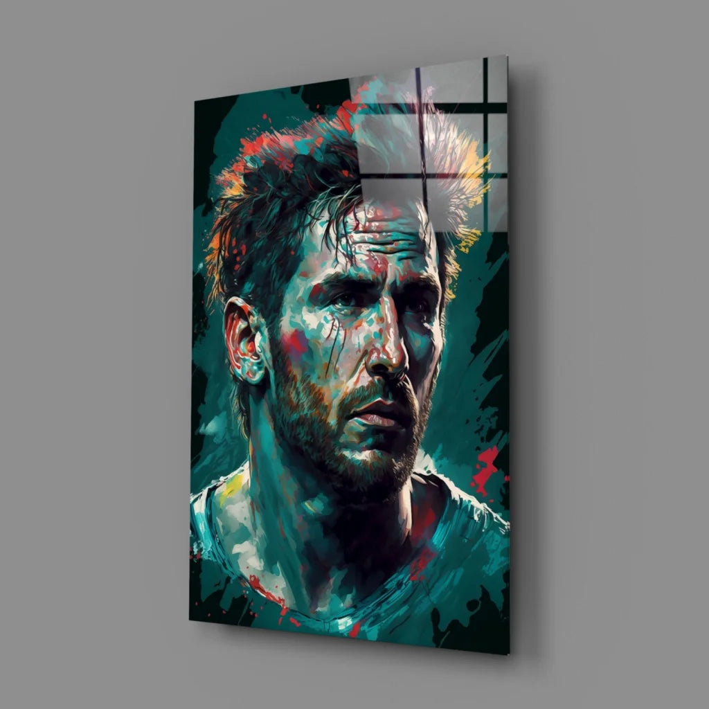 Vibrant teal red abstract portrait glass wall art panel of spiky-haired man