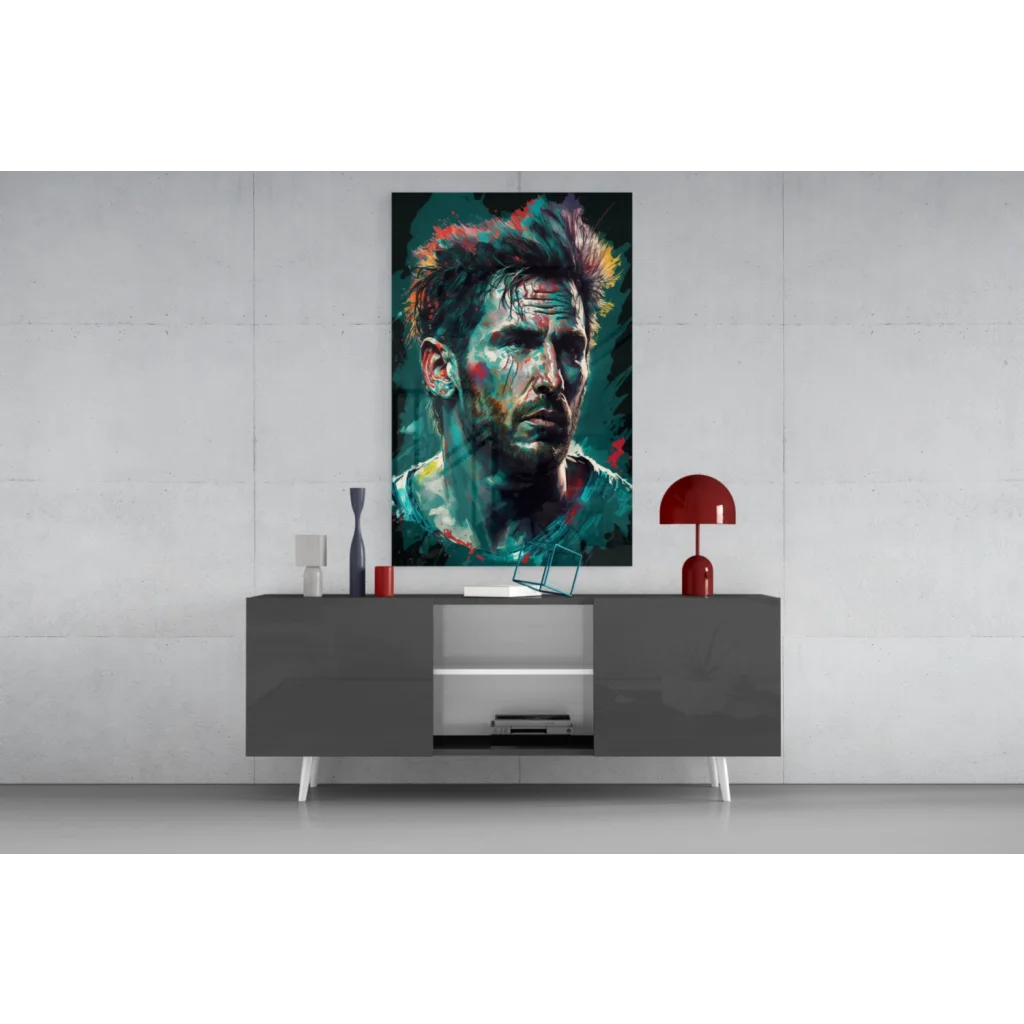 Vibrant teal red abstract man portrait glass wall art panel