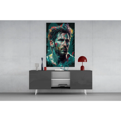 Vibrant teal red abstract man portrait glass wall art panel