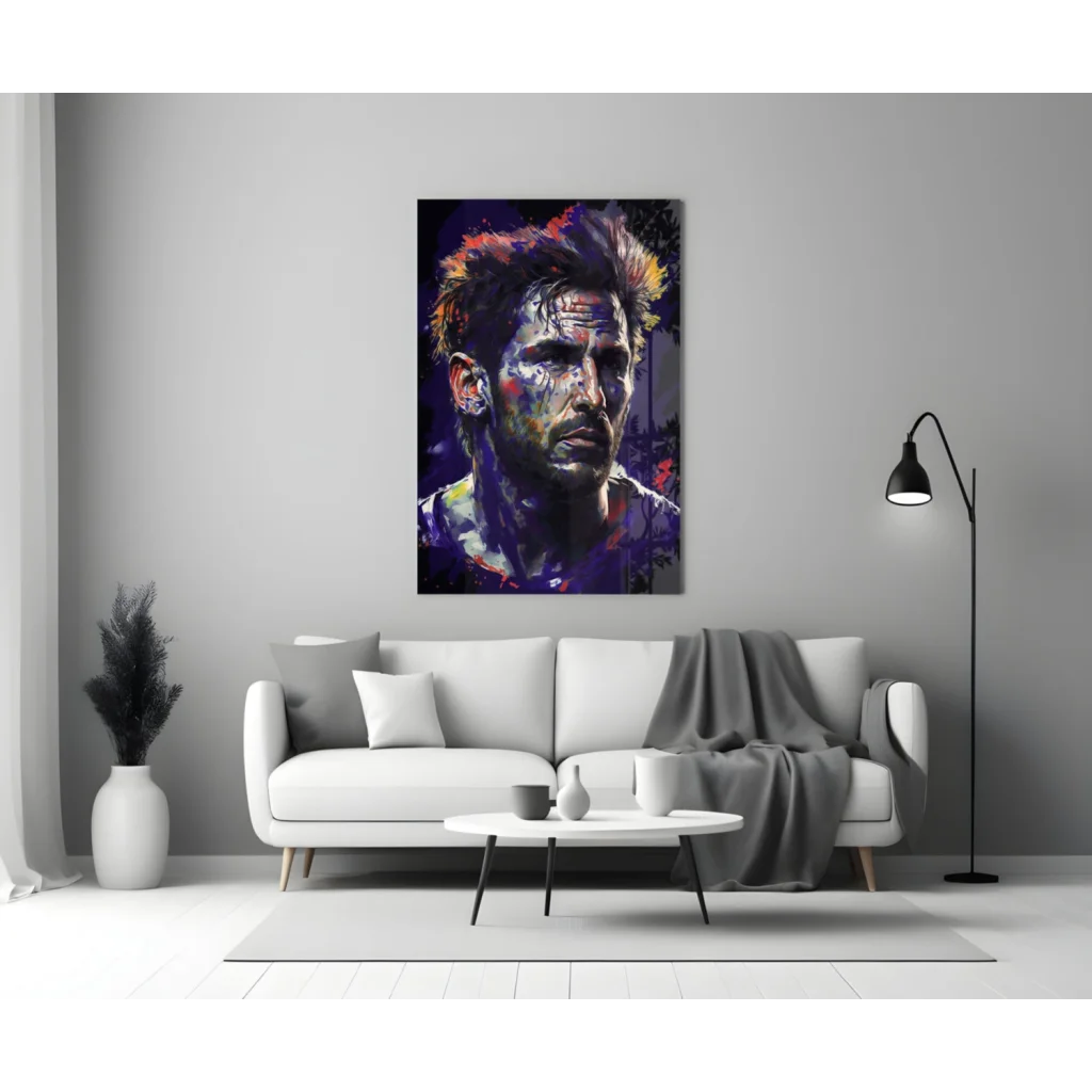 Vibrant glass wall art portrait of man with colorful paint splashes on face