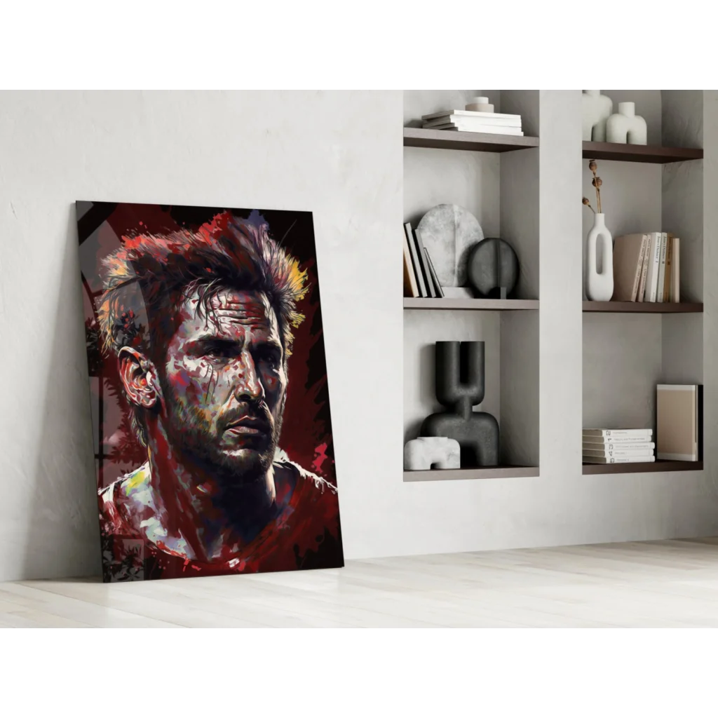 Vibrant abstract glass wall art portrait of man with spiky hair in bold reds and purples