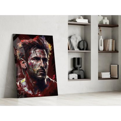 Vibrant abstract glass wall art portrait of man with spiky hair in bold reds and purples