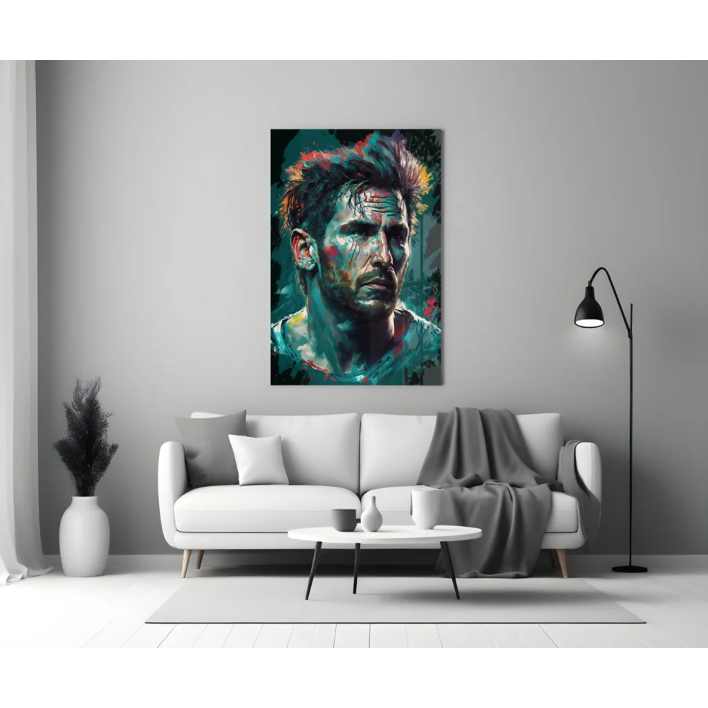 Vibrant teal red abstract portrait man on glass wall art panel