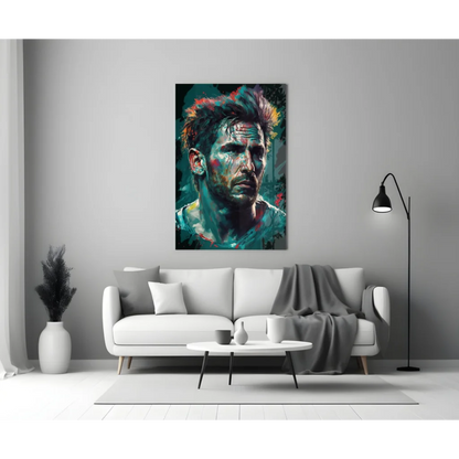 Vibrant teal red abstract portrait man on glass wall art panel