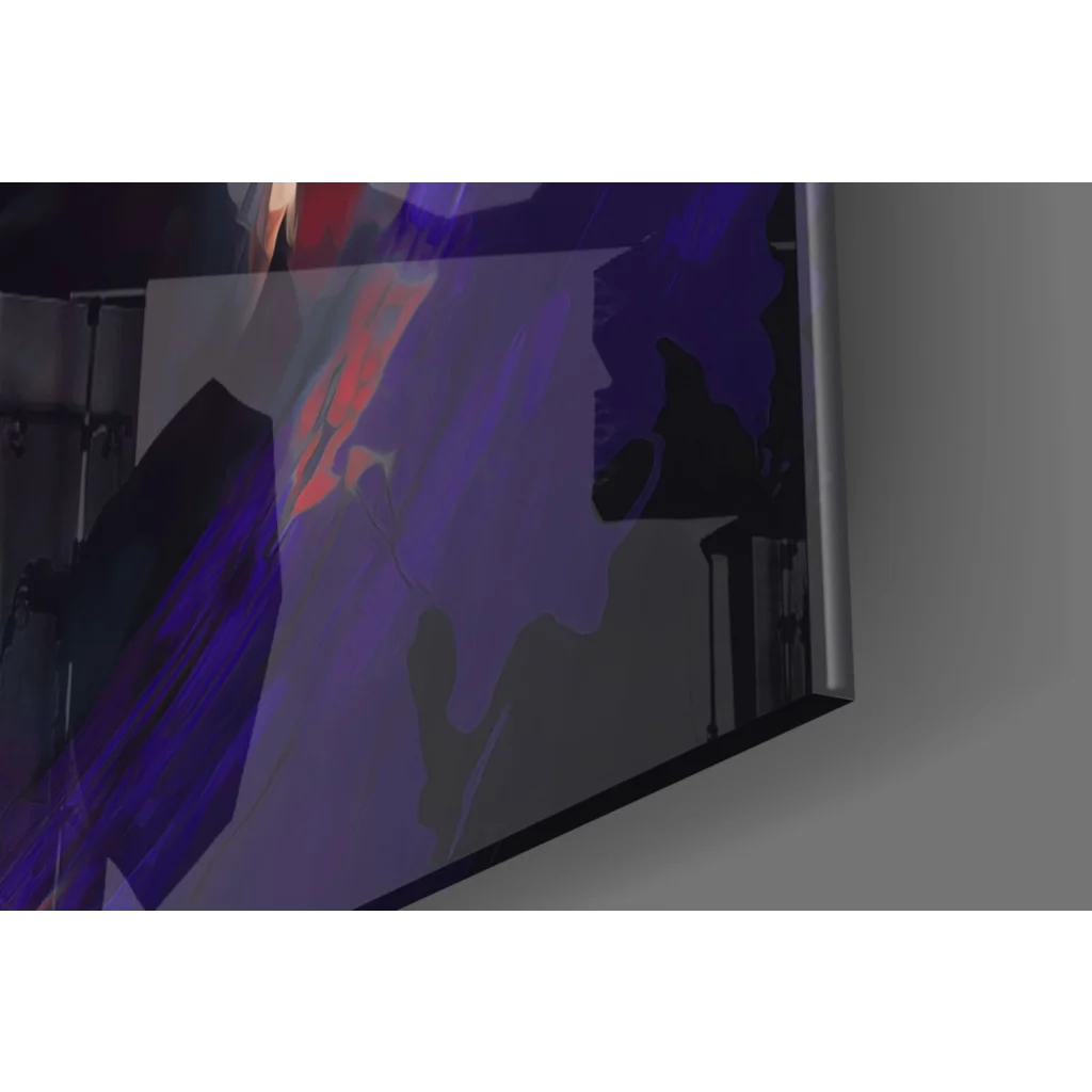 Sleek glass wall art portrait with vibrant purple orange splash on TV