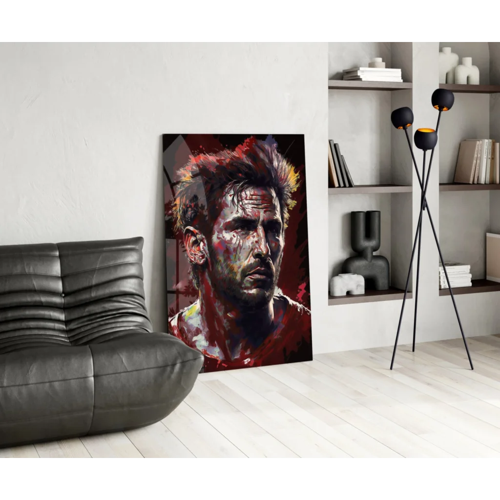 Vibrant red black abstract male portrait on glass wall art