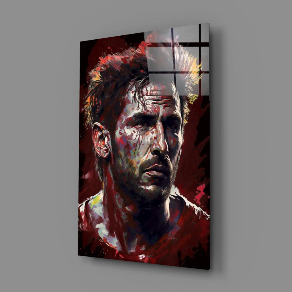 Bold red and black abstract portrait glass wall art with spiky hair man