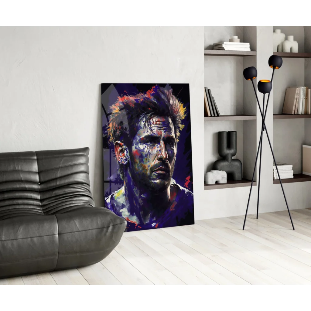 Vibrant explosive color splash glass wall art portrait of spiky-haired man