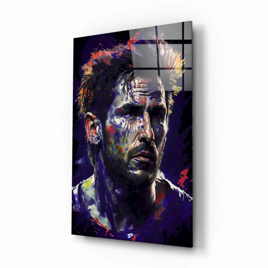 Vibrant spiky-haired man in explosive purple blue red yellow glass wall art