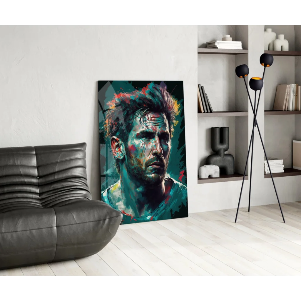 Vibrant teal red abstract portrait glass wall art panel